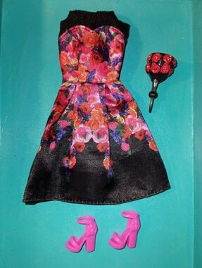 Barbie doll Black & Red flowers dress with heels Fashion
